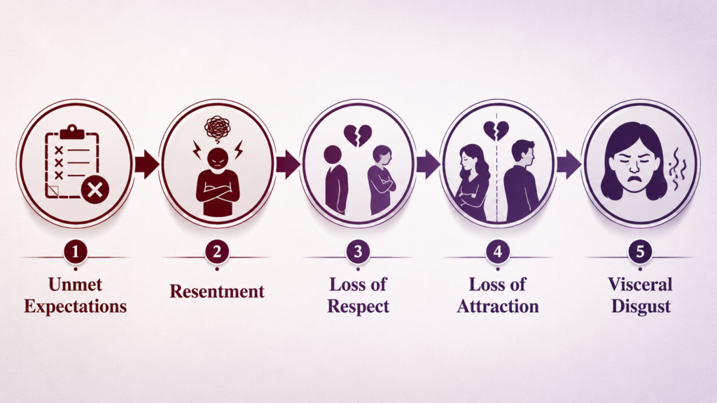 [Unmet Expectations] ──> [Resentment] ──> [Loss of Respect] ──> [Loss of Attraction] ──> [Visceral Disgust]
