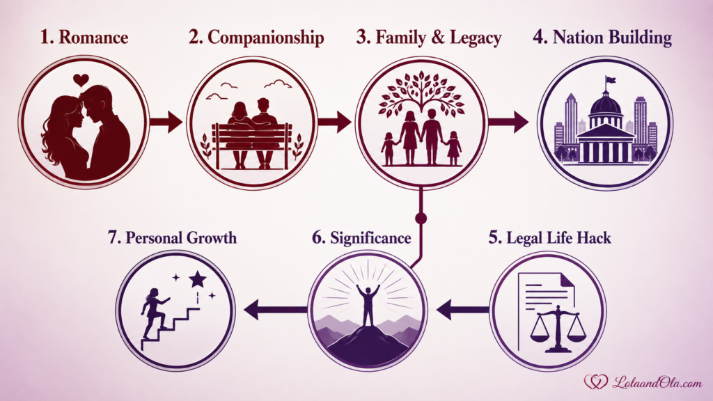 1. Romance ── 2. Companionship ── 3. Family & Legacy ── 4. Nation Building
│
7. Personal Growth ── 6. Significance ── 5. Legal Life Hack