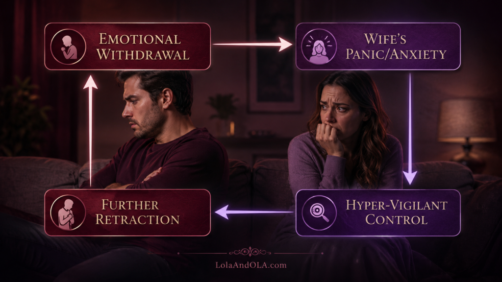 why is my husband suddenly cold and distant [ Emotional Withdrawal ] ──► [ Wife's Panic/Anxiety ]
              ▲                               │
              │                               ▼
   [ Further Retraction ] ◄── [ Hyper-Vigilant Control ]
