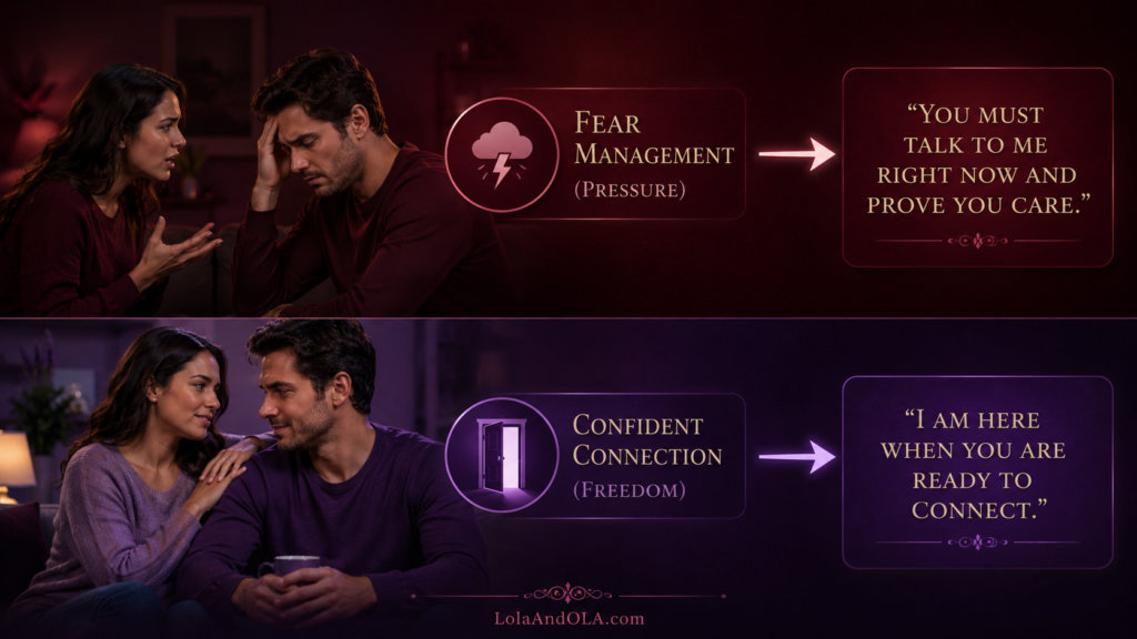 why is my husband suddenly cold and distant - Fear Management (Pressure) ──► "You must talk to me right now and prove you care."
Confident Connection (Freedom) ──► "I am here when you are ready to connect."